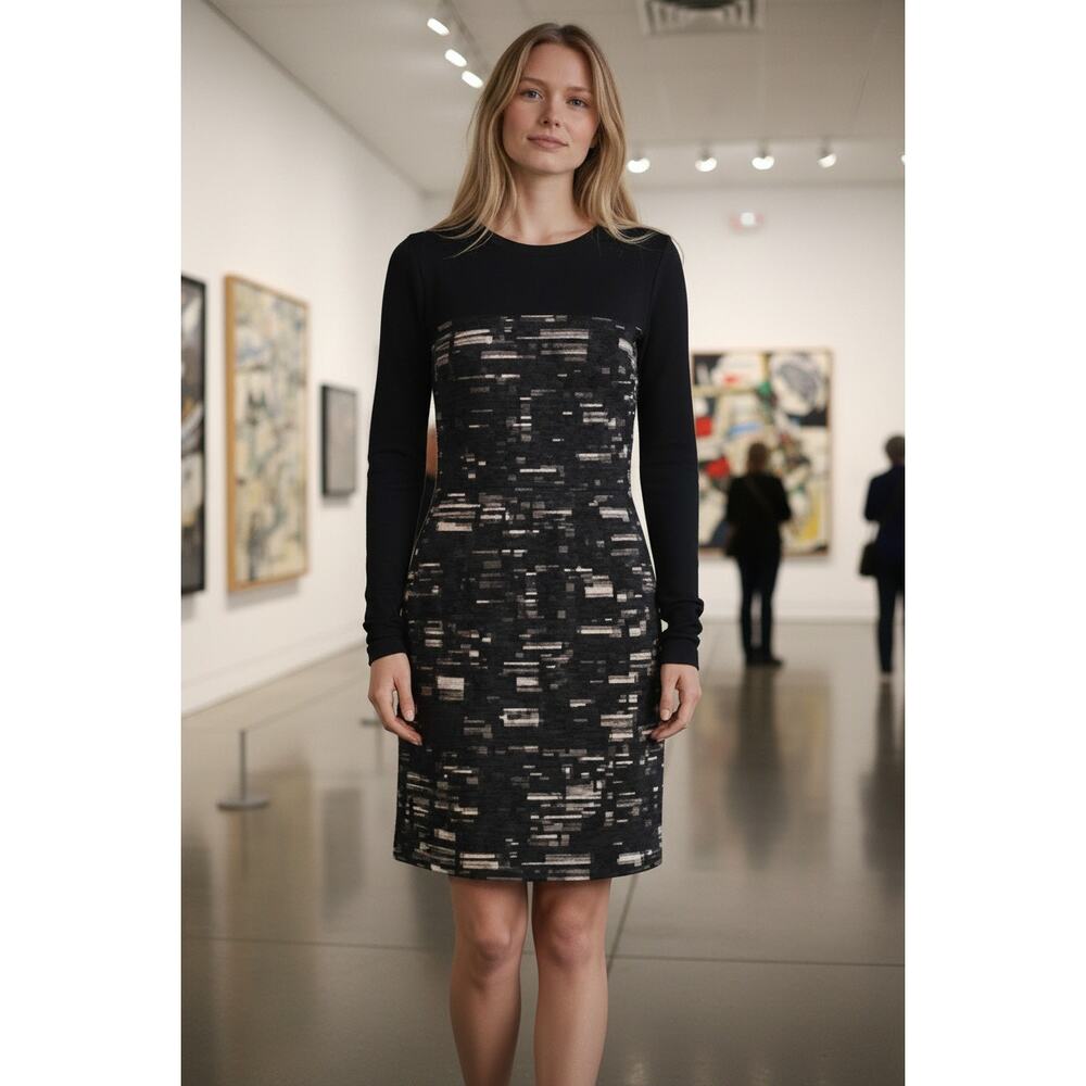 PIAZZA SEMPIONE Black Cream Wool Blend Knit and Textured Dress - Size 8 (M)